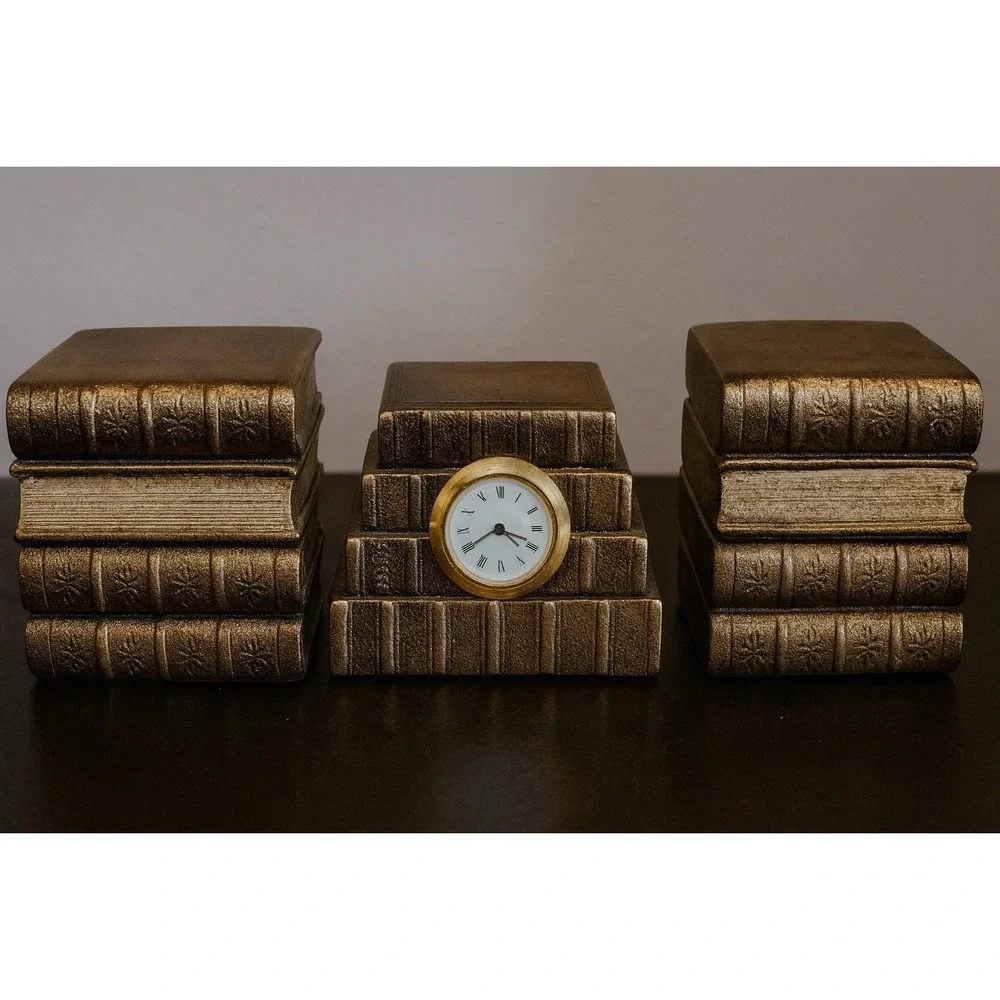 Vintage Stacked Books Desk Clock Resin Bronze Finish Untested